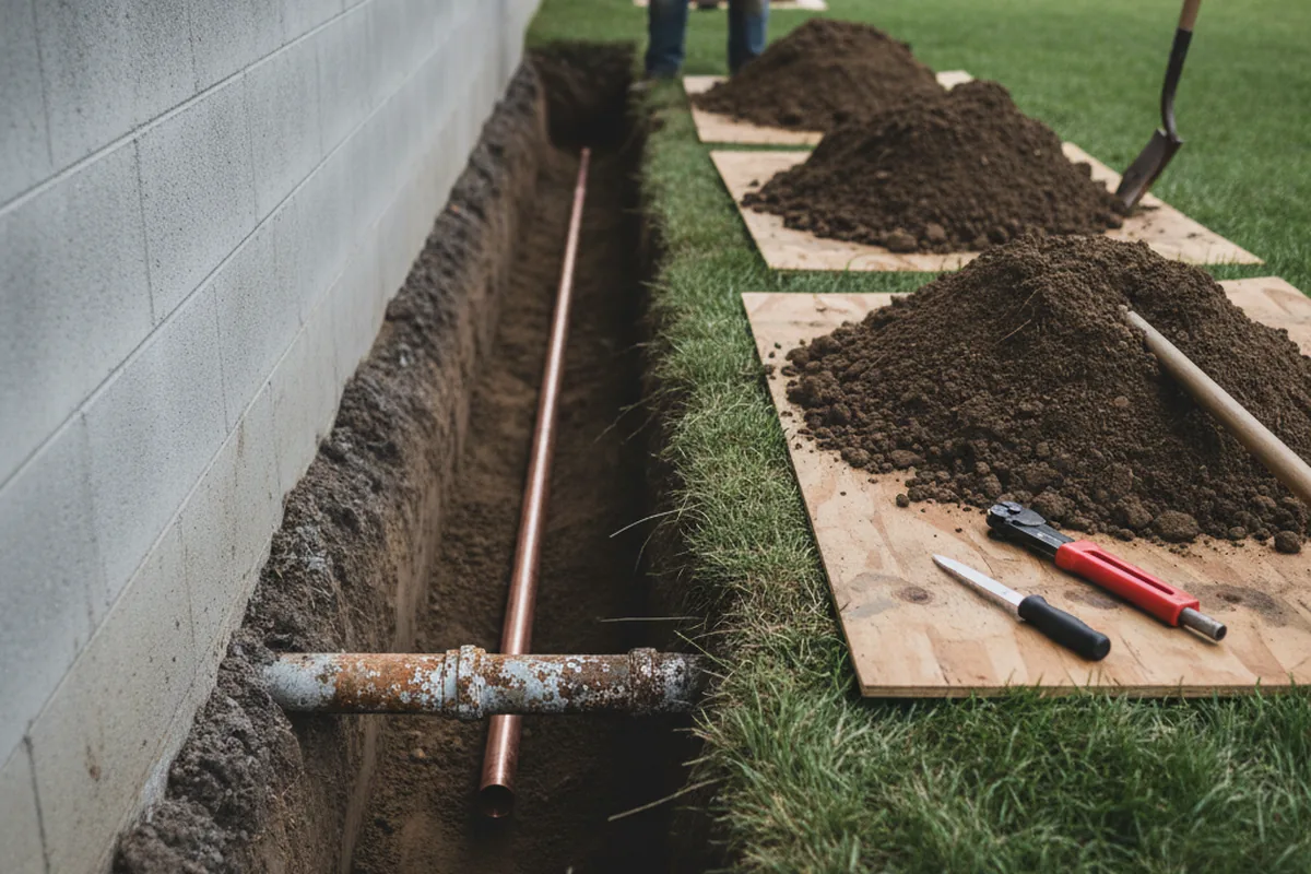 Excavated water line trench during Sewer Line Repair in Wawarsing